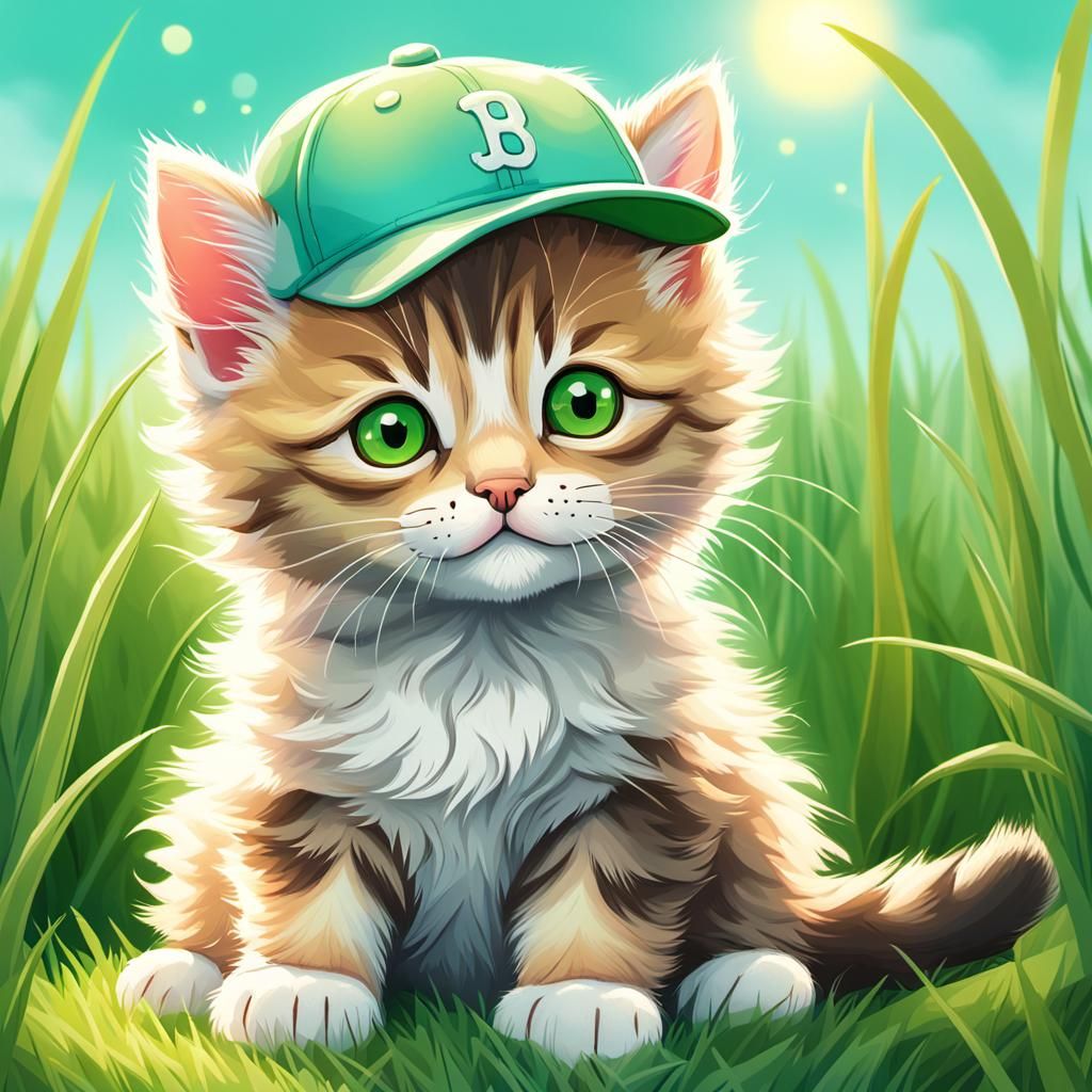 Kitten in Baseball Cap, Whimsical Illustration