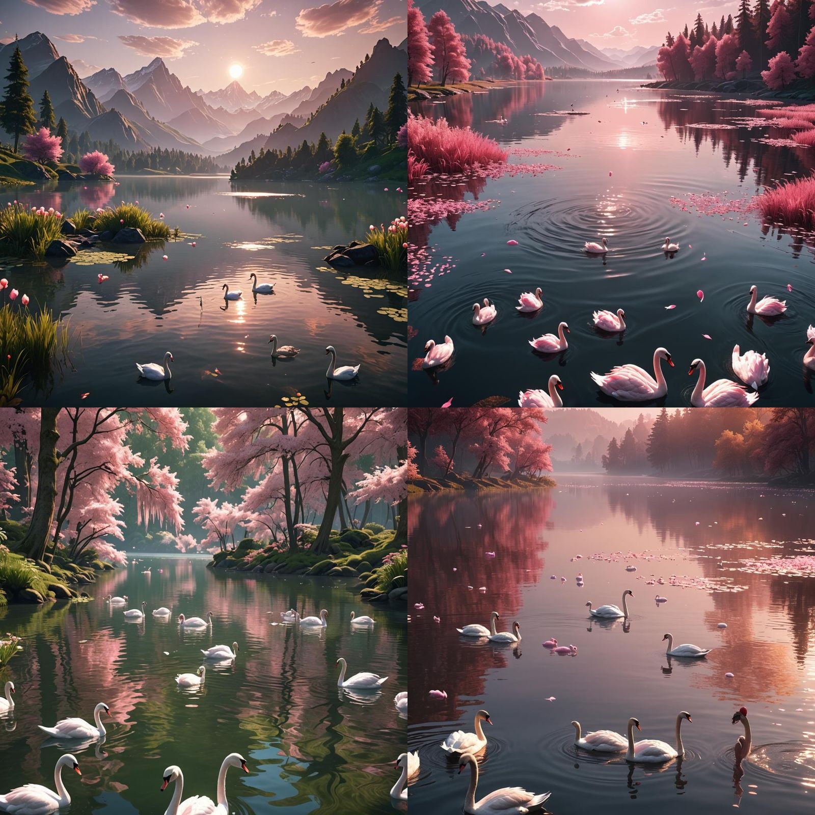 Pink Swans on a Lake: 3D Game Cinematic Render