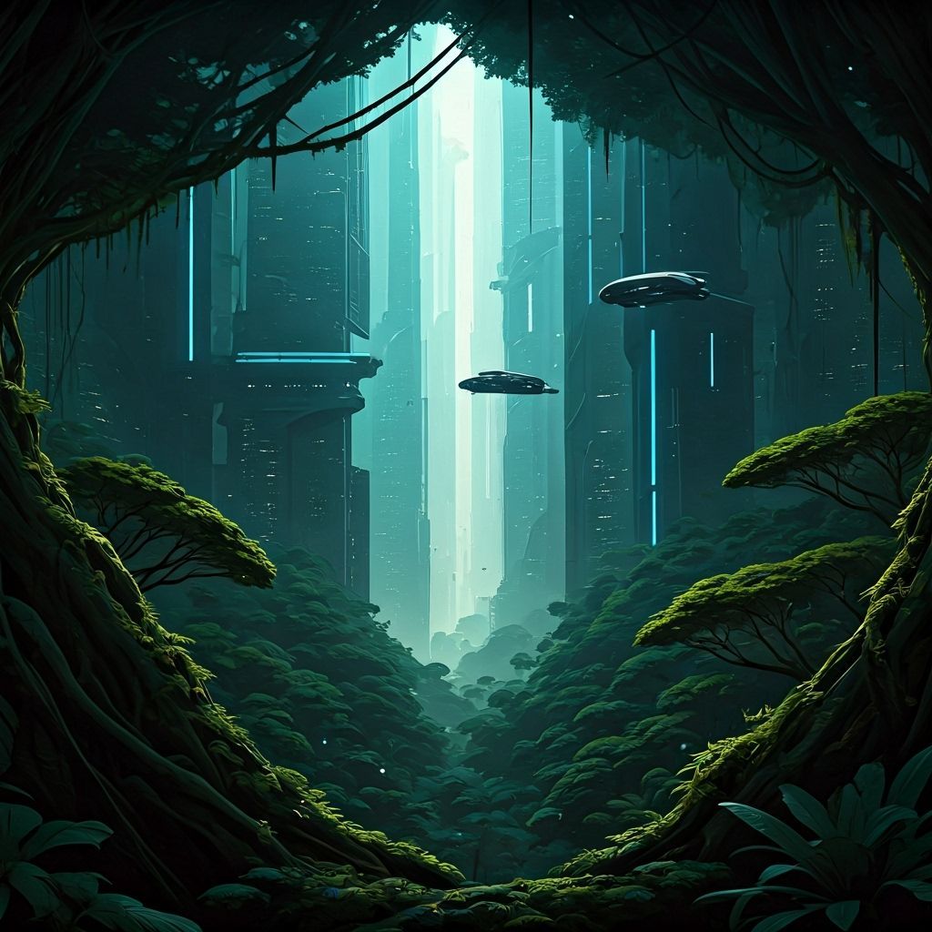 Futuristic Metropolis Rising in Bioluminescent Jungle