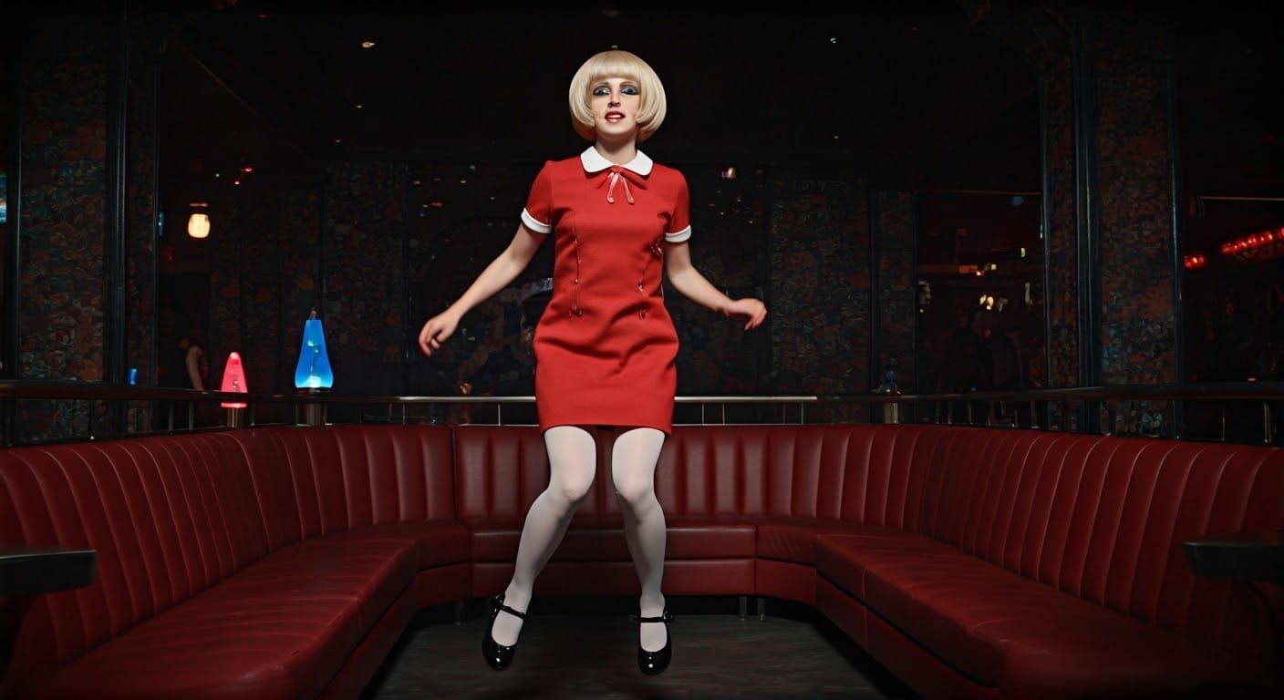 Mod Girl Jumps in Retro 1960s Nightclub