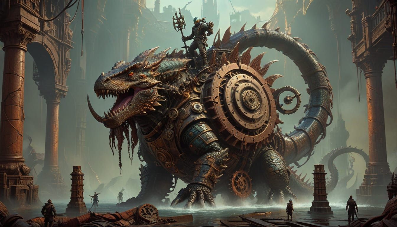 Steampunk Lizardman Guards Clockwork City in Digital Art