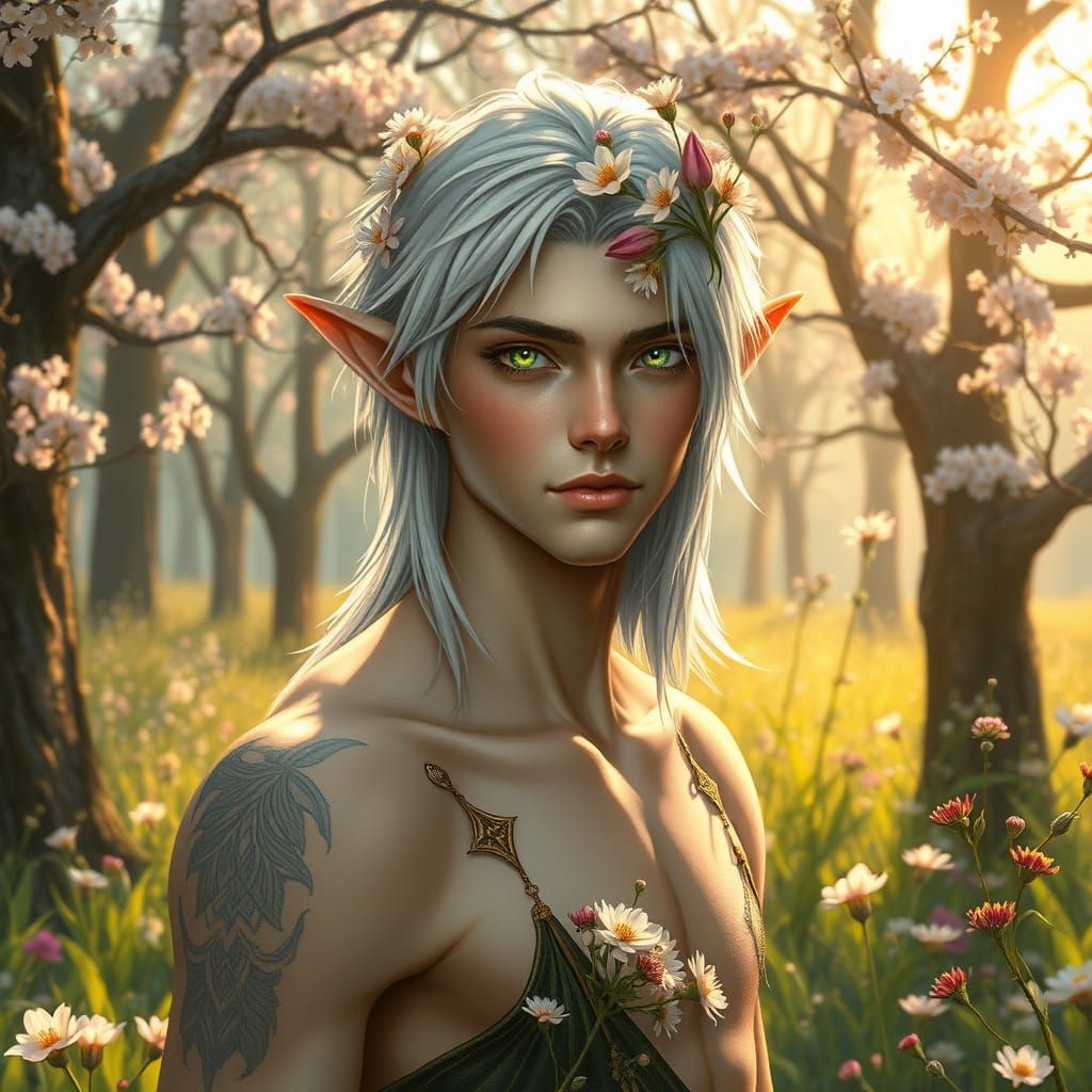 Regal Silver-Haired Elf in Lush Spring Meadow