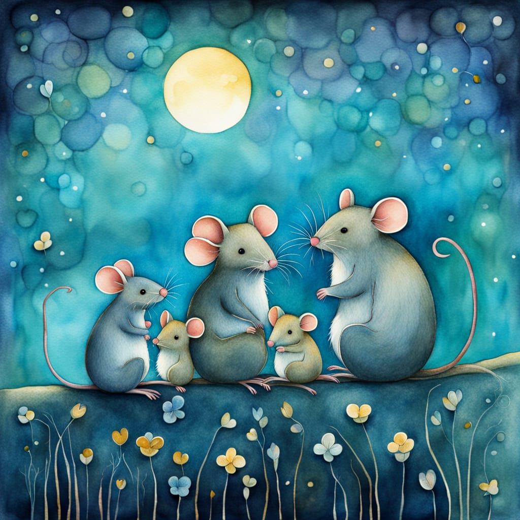 Shy Mouse Family in Cute Folk Art Style