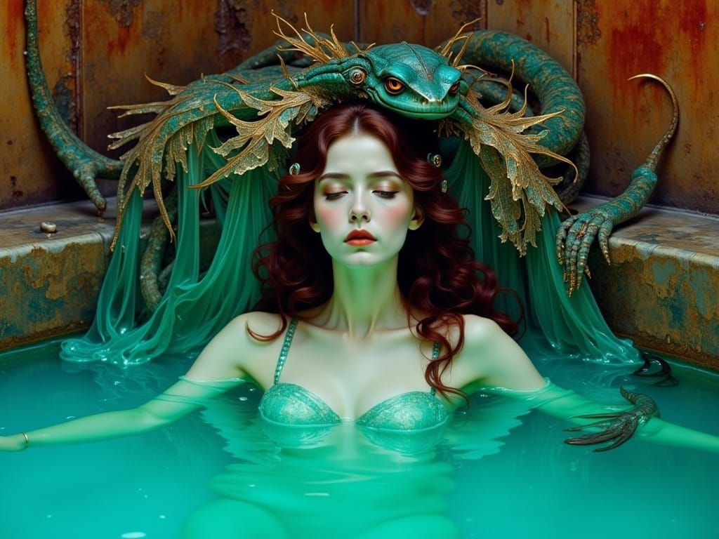 Sorceress Relaxing in Lake with Gecko and Cerberus