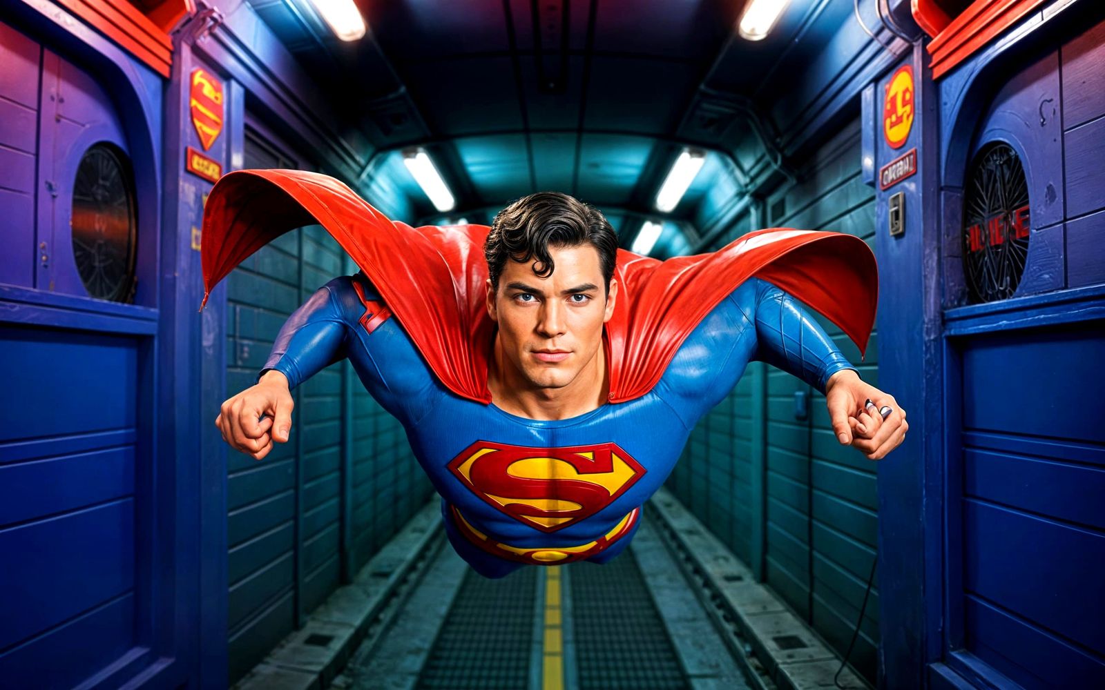 A diecast Superman flys through A narrow underground service tunnel, deel beneath Metropolis, cape billowing behind him.