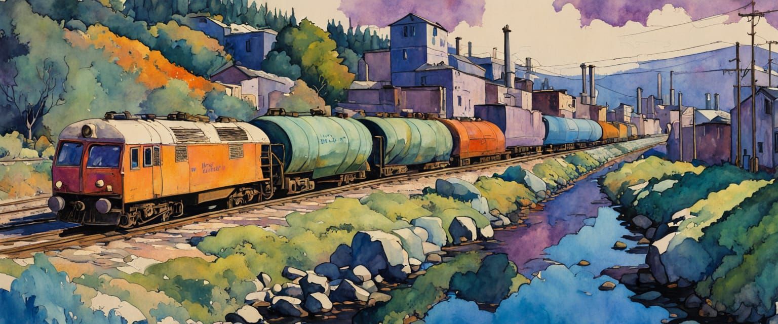 Industrial Factory District in Impressionist Watercolor Styl...