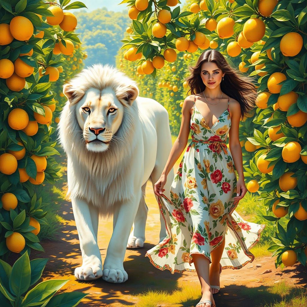 Young Lady Strolls with Majestic White Lion in Vibrant Lemon...