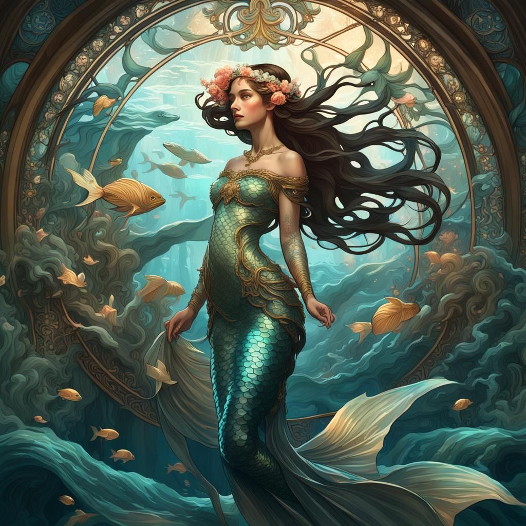 Art Nouveau Mermaid in Alphonse Mucha Style