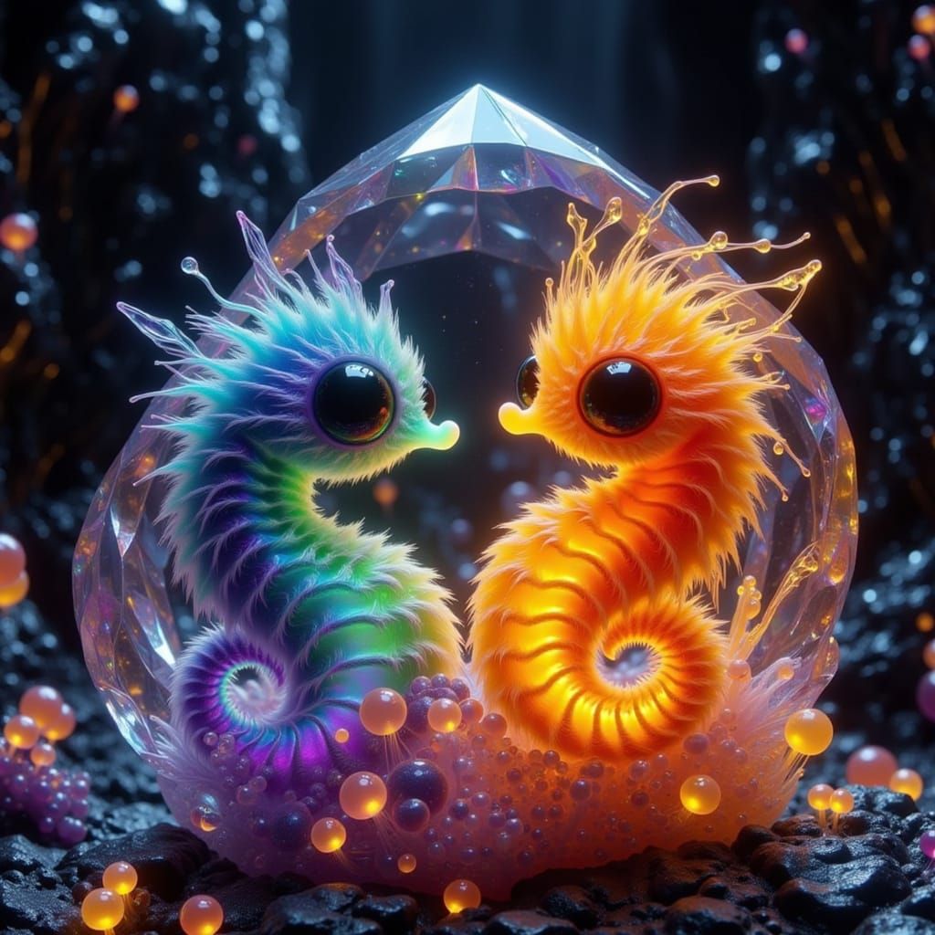 Water and Fire Creatures in Gemstone, Digital Art Style