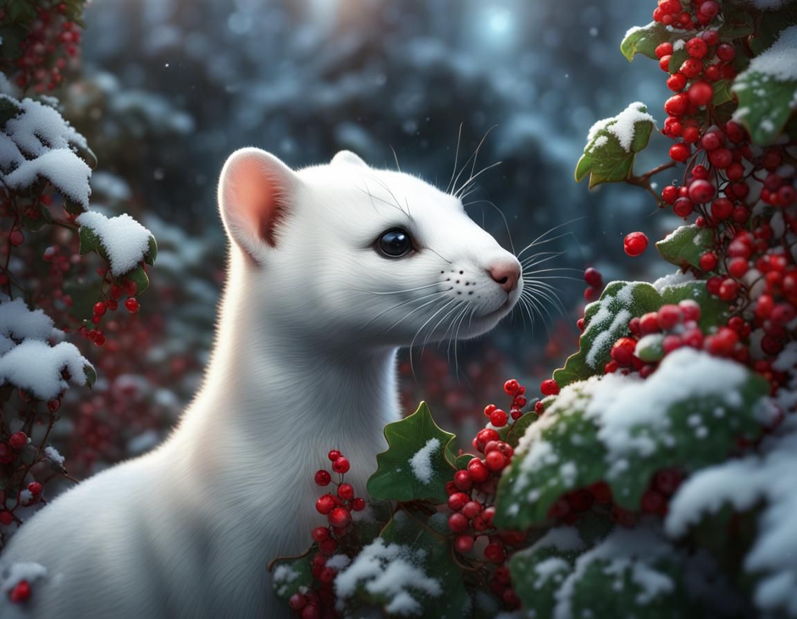Ermine Portrait in Winter Forest, Detailed Digital Art