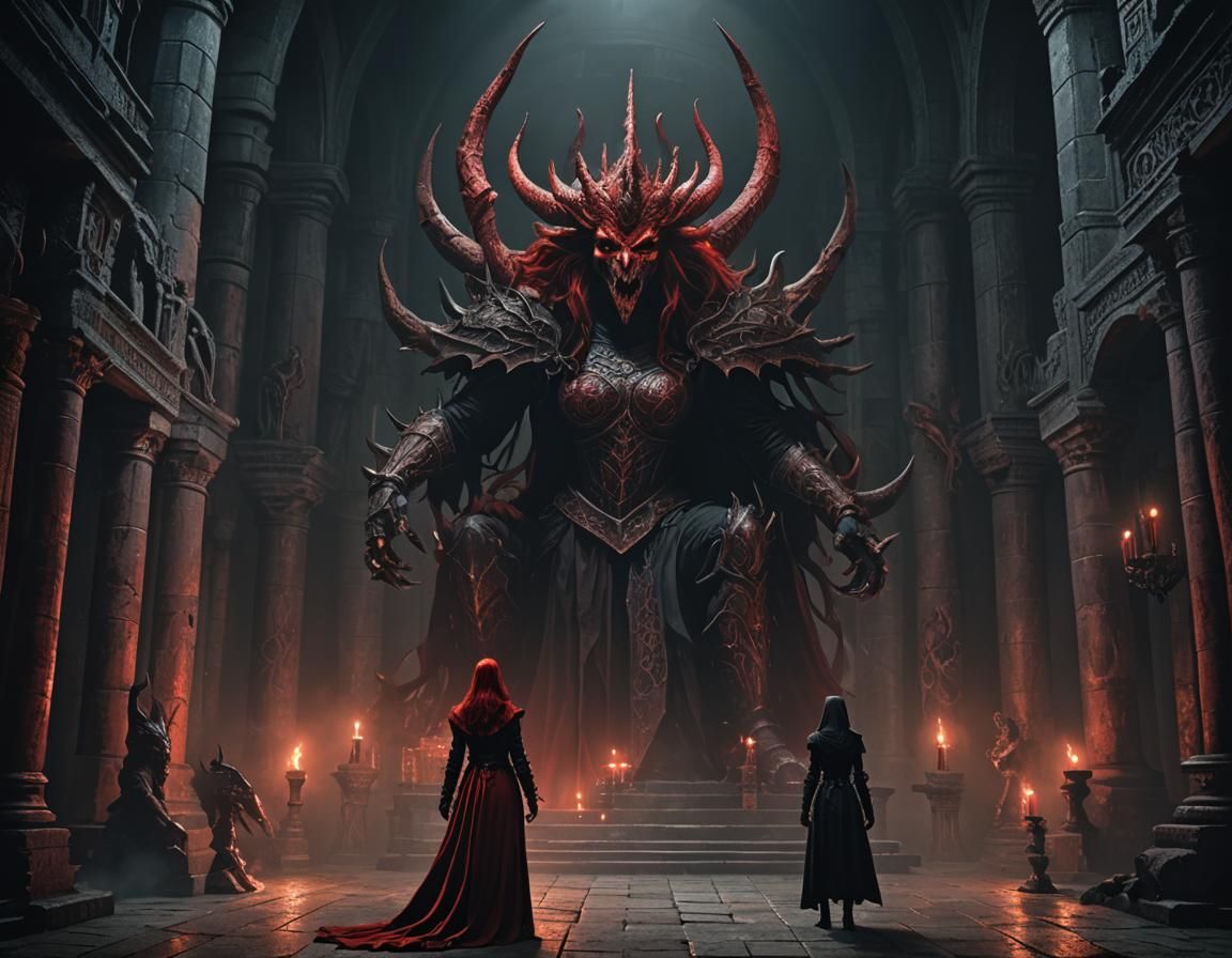 Red Priestess in Gloomy Temple: Dark Fantasy Art
