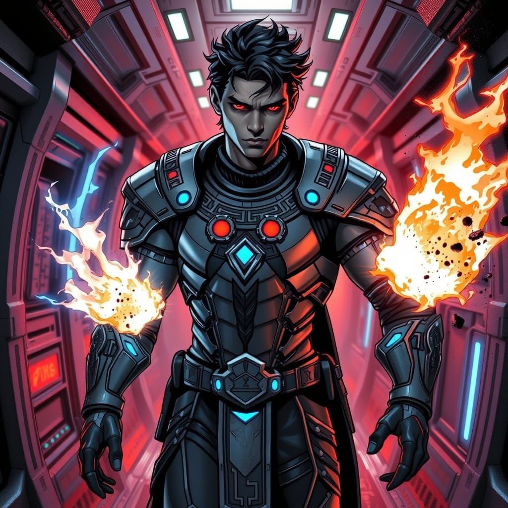 Futuristic Warrior in Ship Corridor Unleashing Mutant Energy