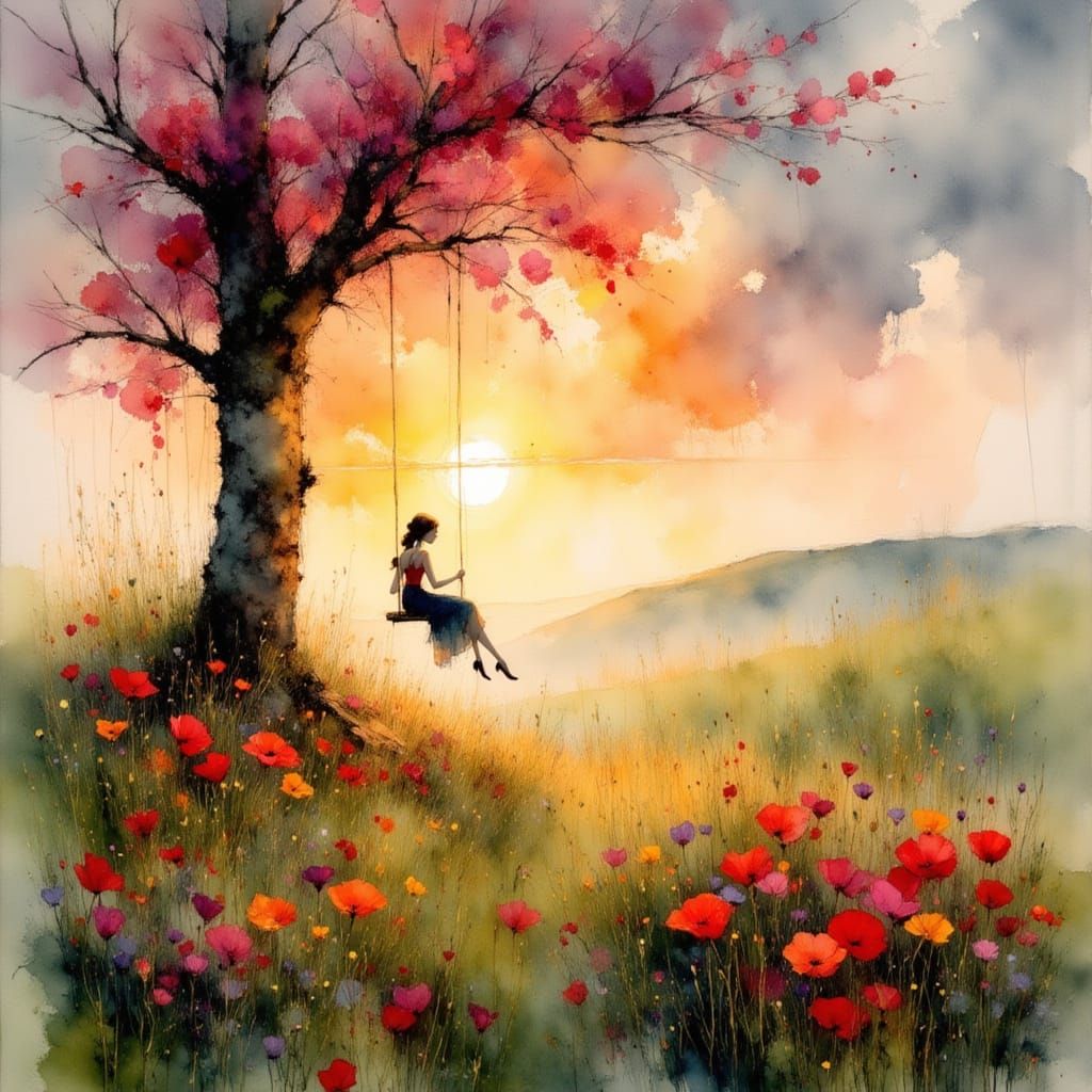 Poppies on a Hill at Sunset: Watercolor Painting