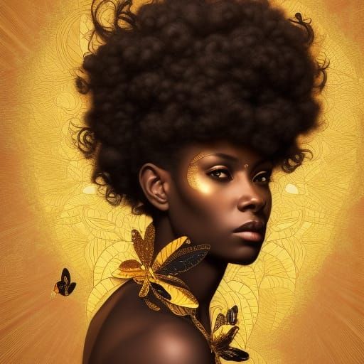 Beautiful Woman in Black and Gold with Butterflies