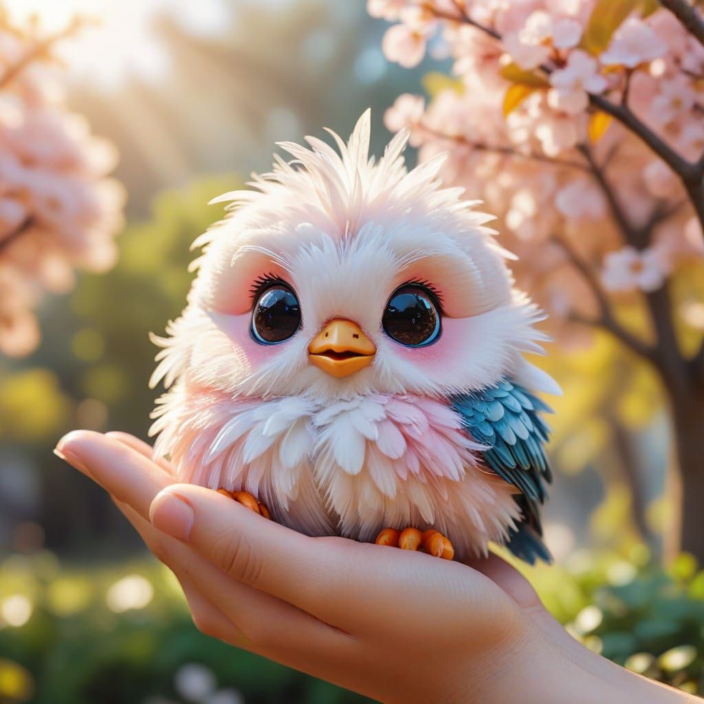 Chibi Bird in Hand: Macro Kawaii Digital Art