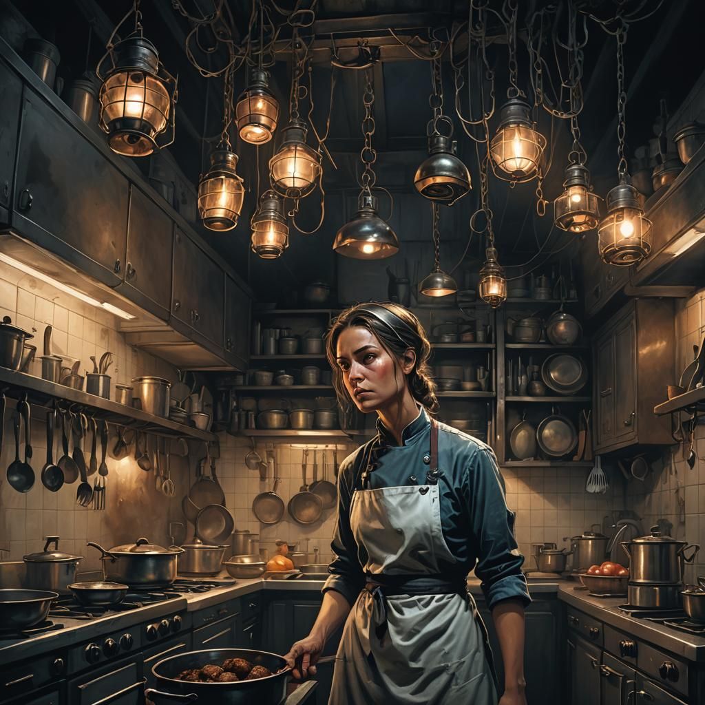 Determined Chef in Dark Fantasy Kitchen Illustration