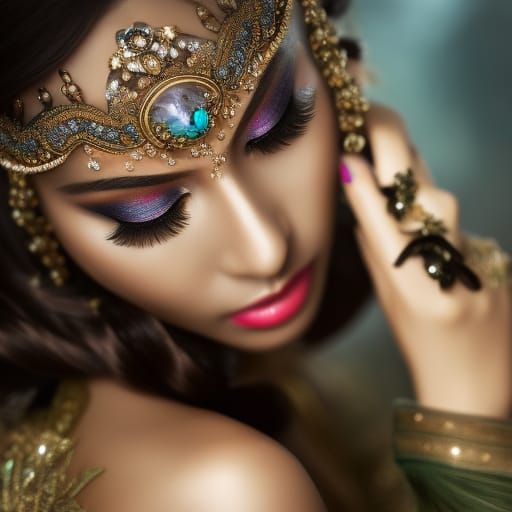 Portrait of Beautiful Girl with Gemstones in Fantasy Style