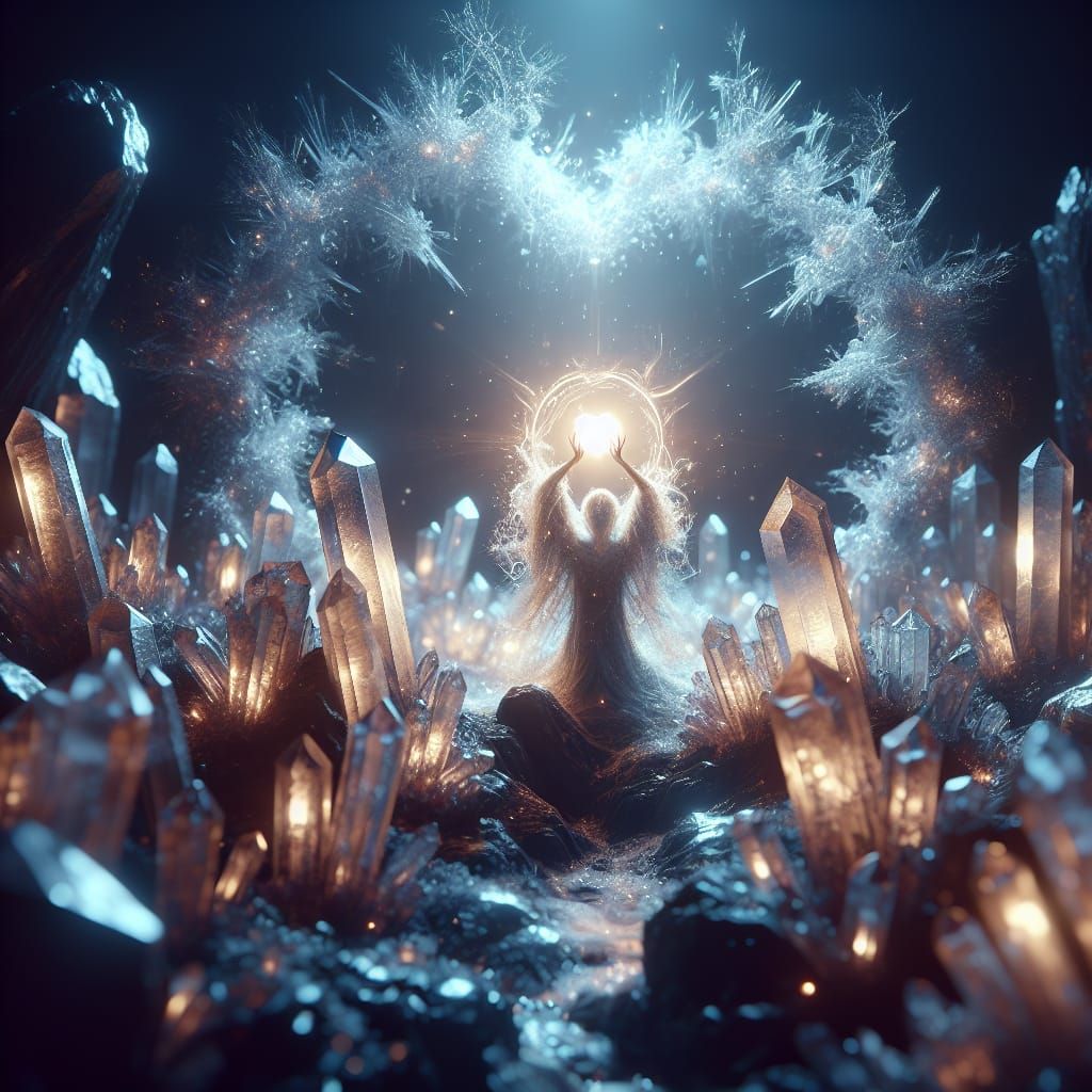 Ethereal Light Being Surrounded by Healing Crystals