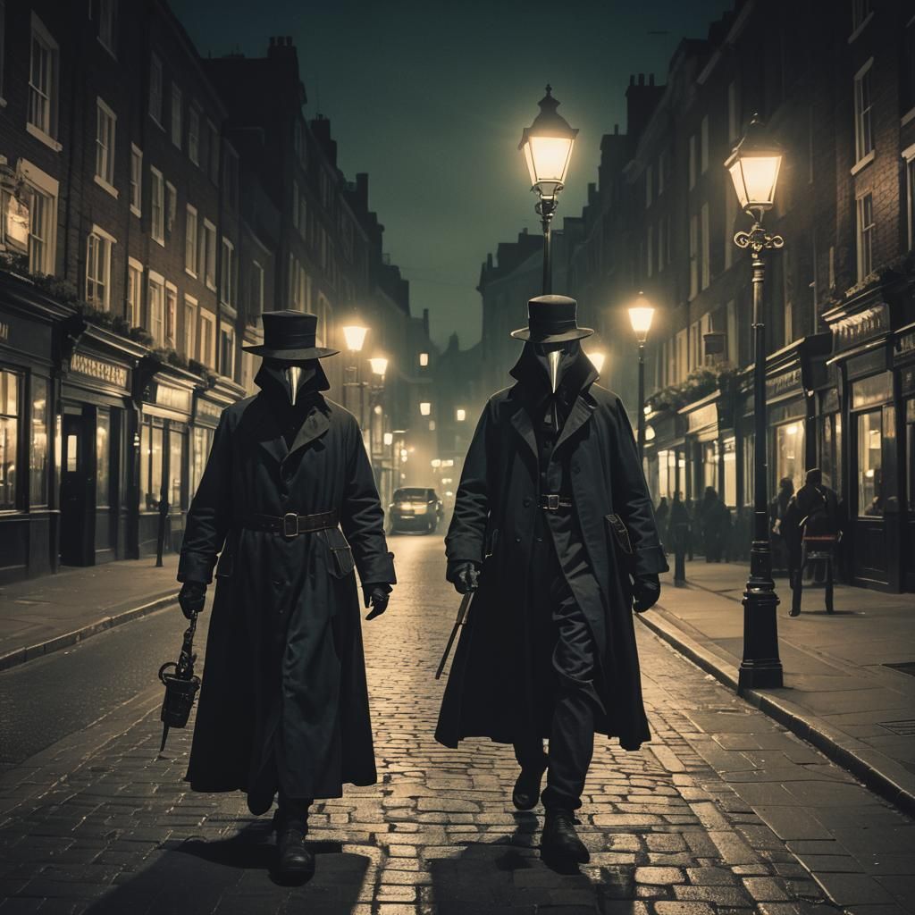 Plague Doctor in Victorian Street at Night
