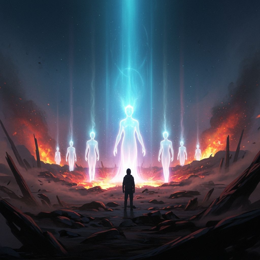 Ethereal Figures Emerge from Crater in Dreamlike Scene