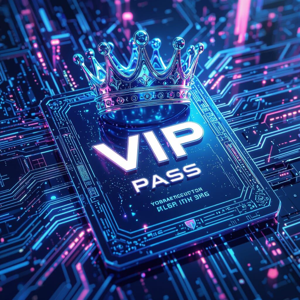 Futuristic VIP Pass with Crown in Neon Hues