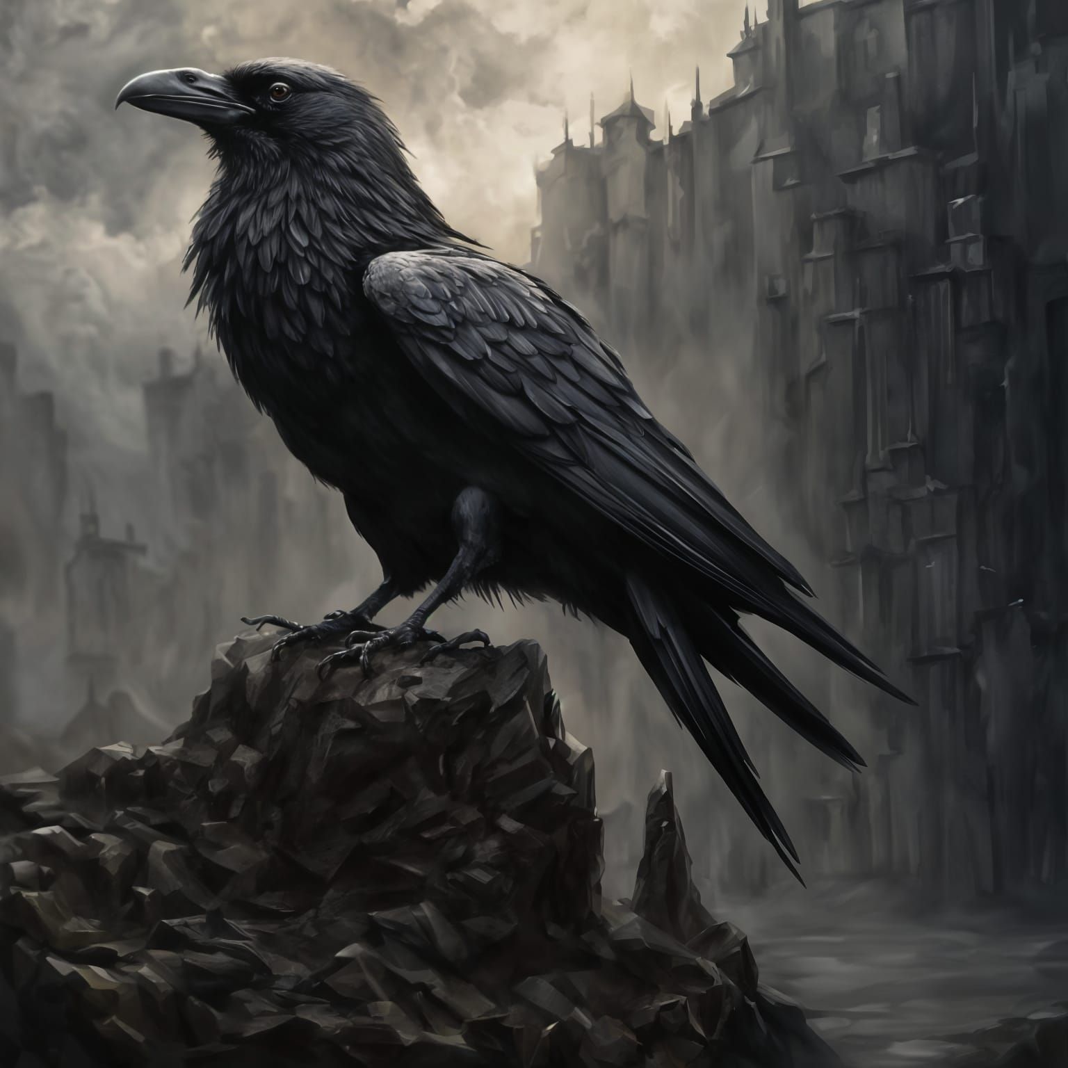 Armored Raven on Stone Outcrop in Stormy Fantasy Realism
