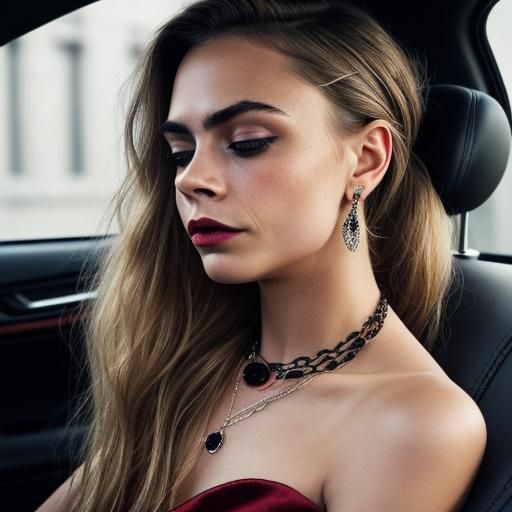 Cara Delevingne Close-up in Red Dress, Grainy Still