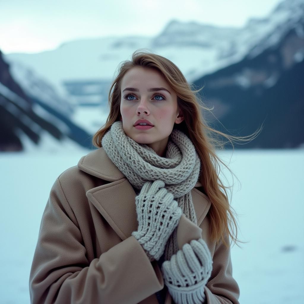 Elegant Woman in Winter Attire, Majestic Mountains