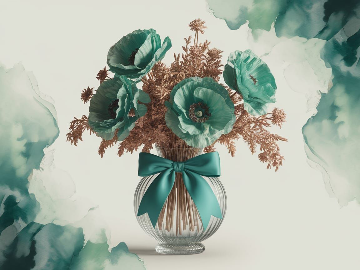 Teal Poppies and Ribbon in Glass Vase