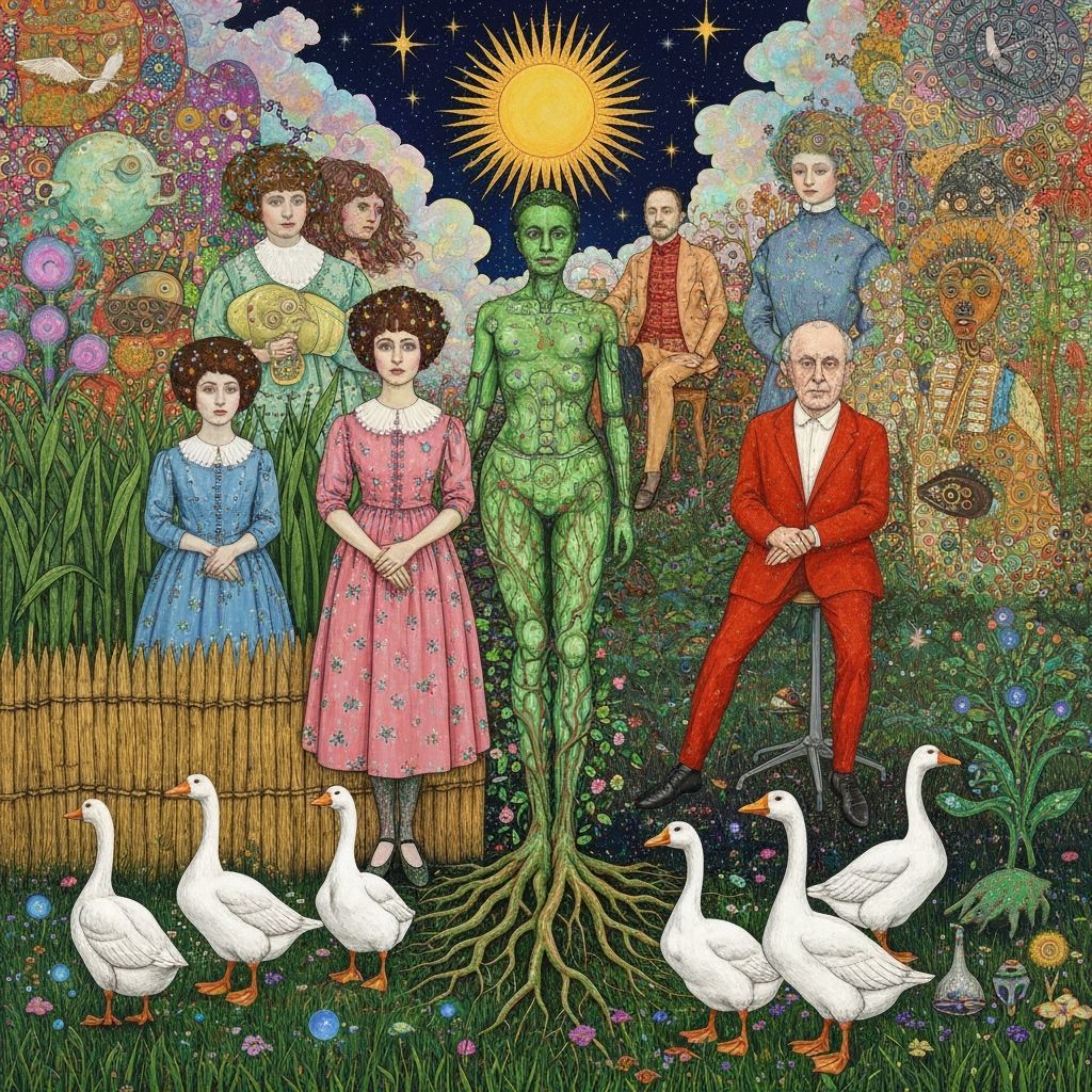 Folkloric Robot and Twins in Surreal Eco-Art Garden