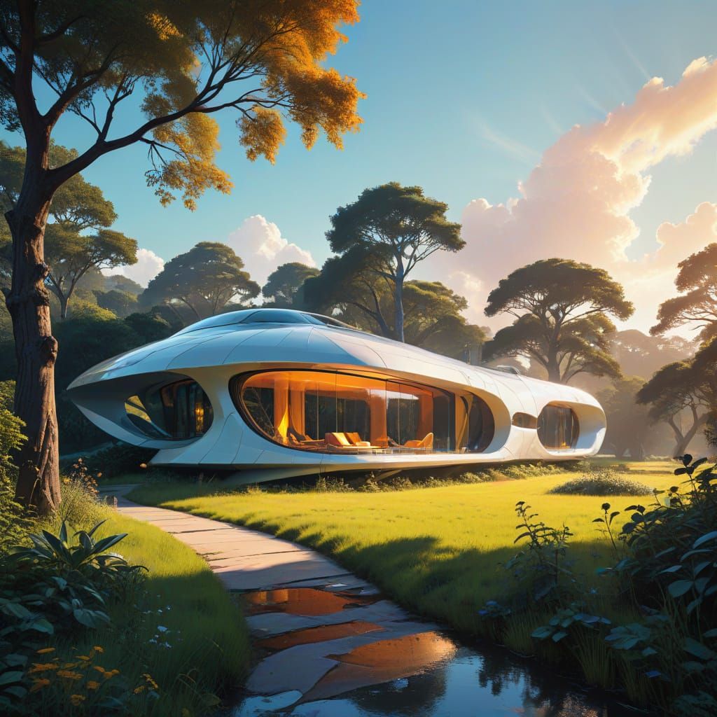 Curvaceous Futuristic Country House Amidst Vibrant Landscapi...