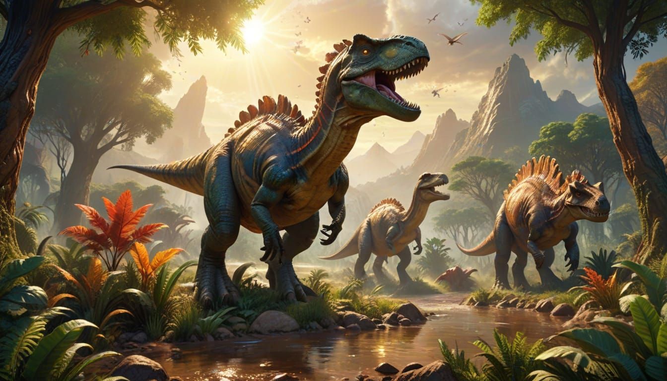 Herbivorous Dinosaurs in Fertile Valley: Hyperrealistic Conc...