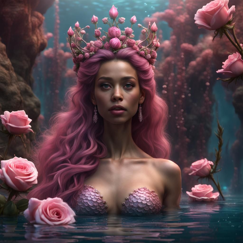 Hyperrealistic Mermaid with Pink Roses Tiara