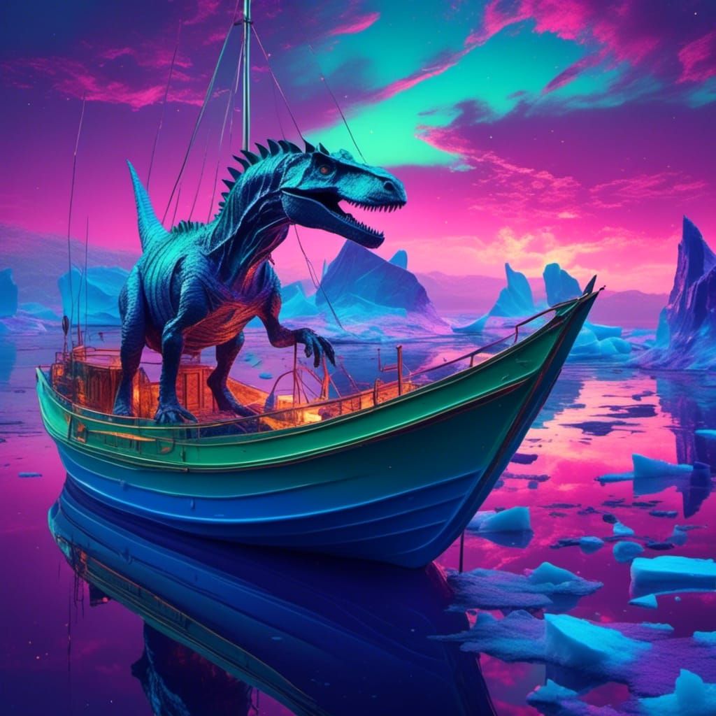 Allosaurus on Bioluminescent Sea with Icebergs