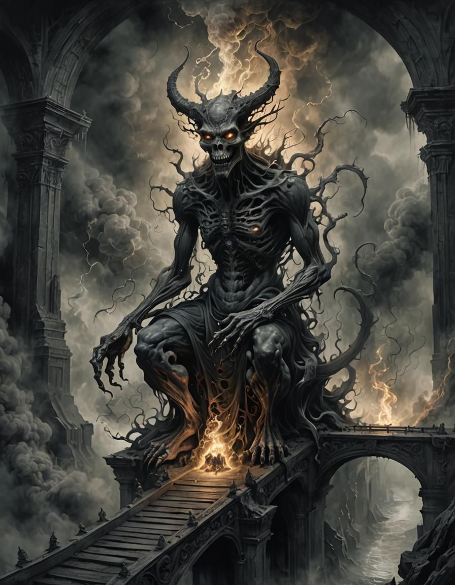 Portal Demon on Bridge of Souls in Dark Surrealism