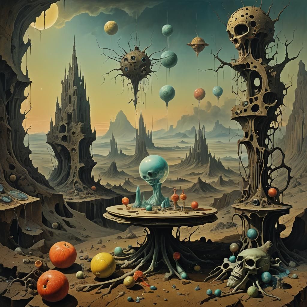 Dystopian Still Life in Vibrant Surrealism