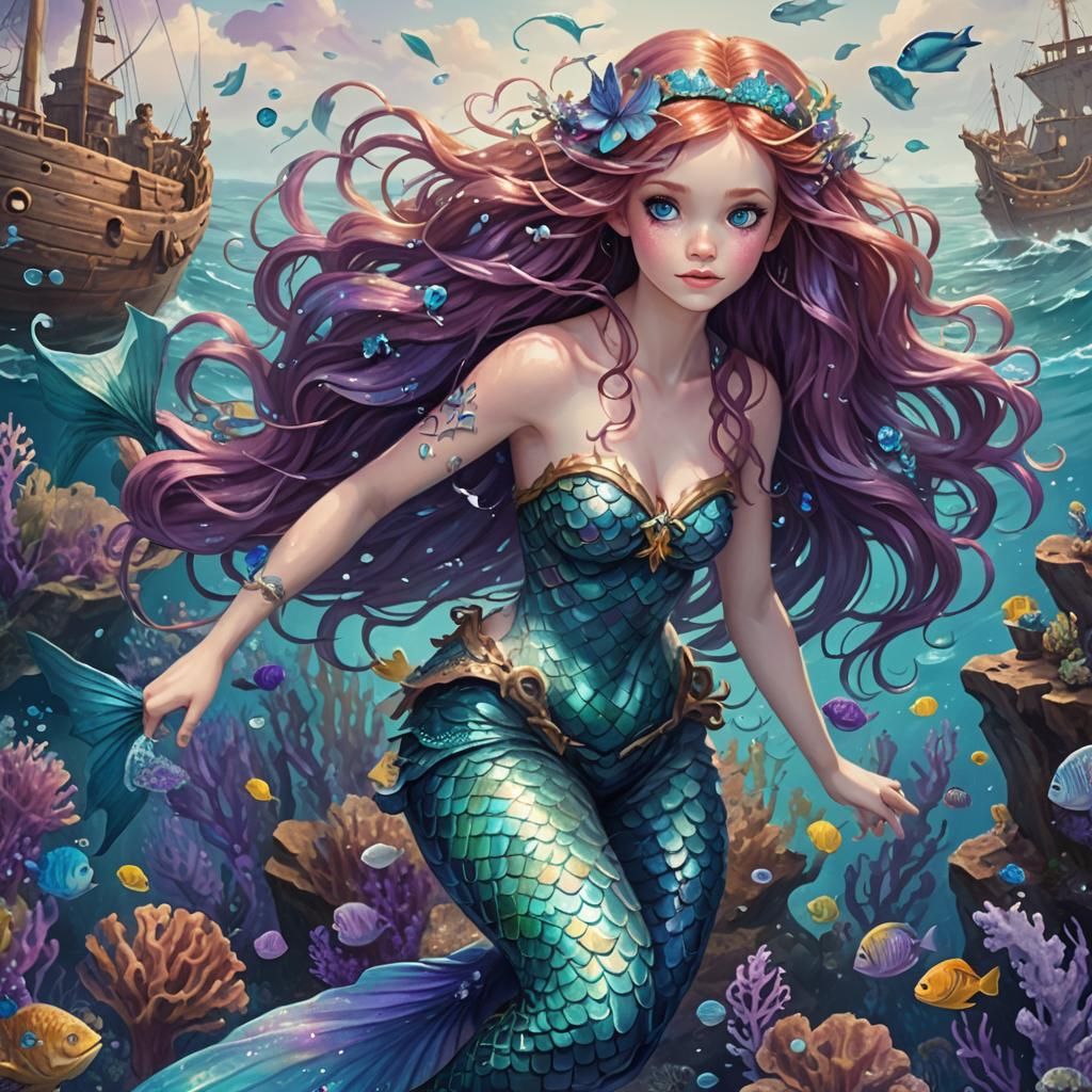 Hazel Haired Mermaid Swimming to Shipwreck