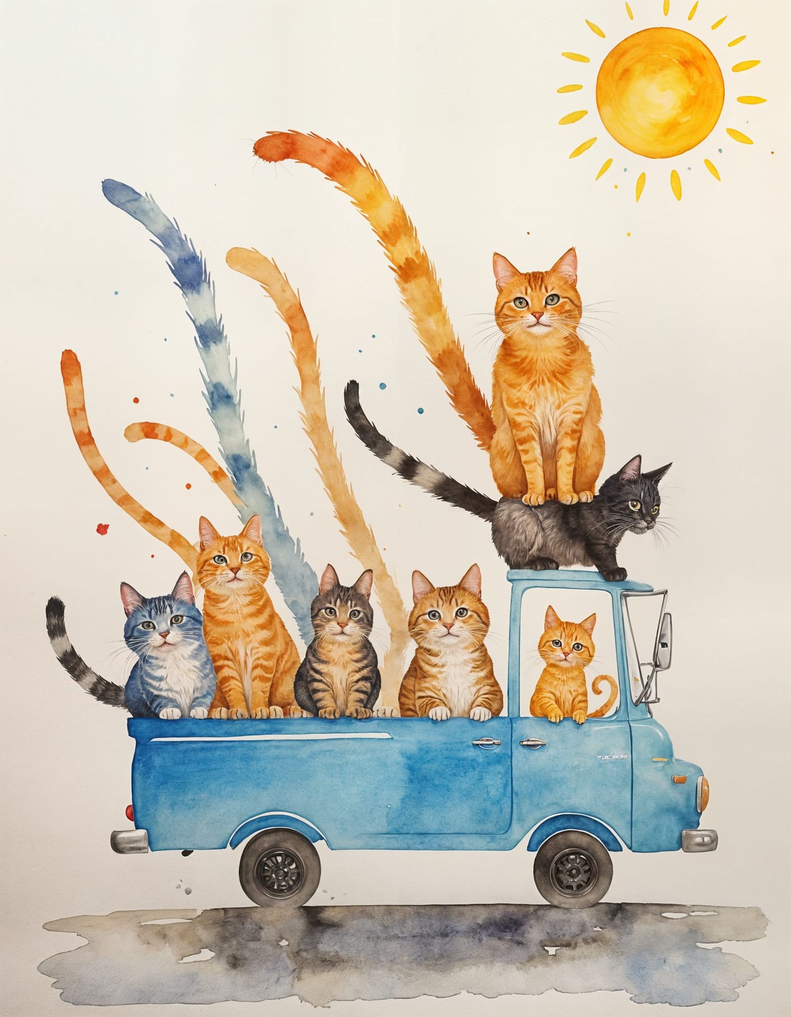 Whimsical Watercolor Cats in a Light Blue Pickup