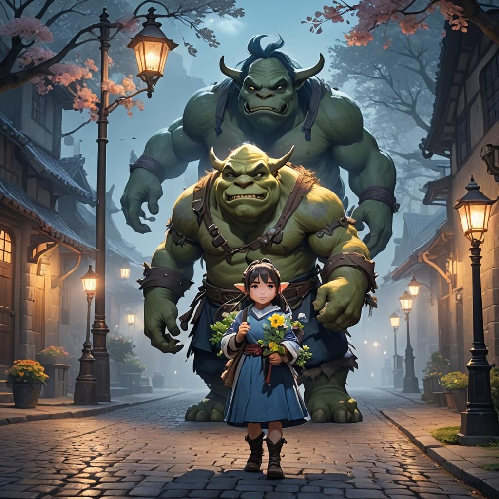 Ogre Offering Flowers to Girl in Anime Style