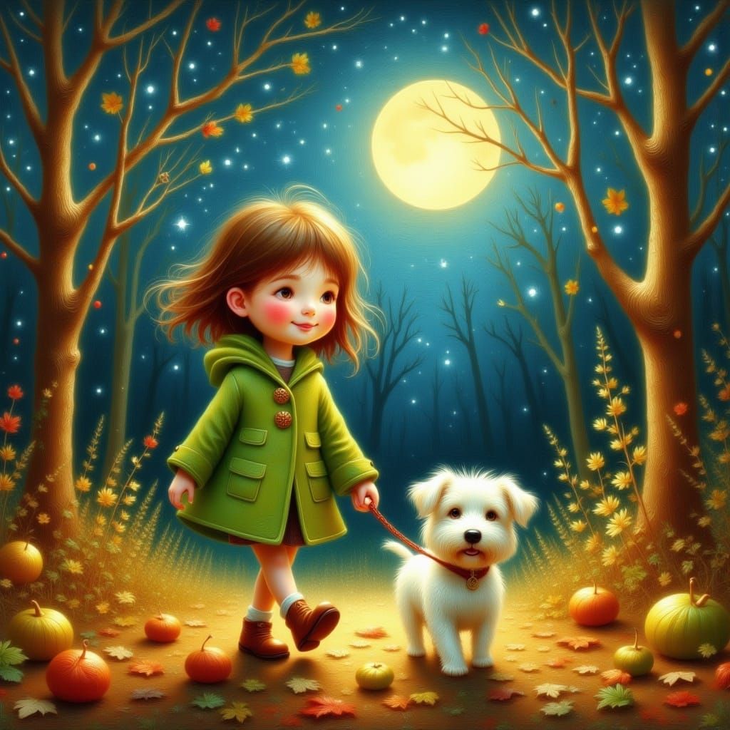 Whimsical Portrait of Girl and Dog in Autumn Forest