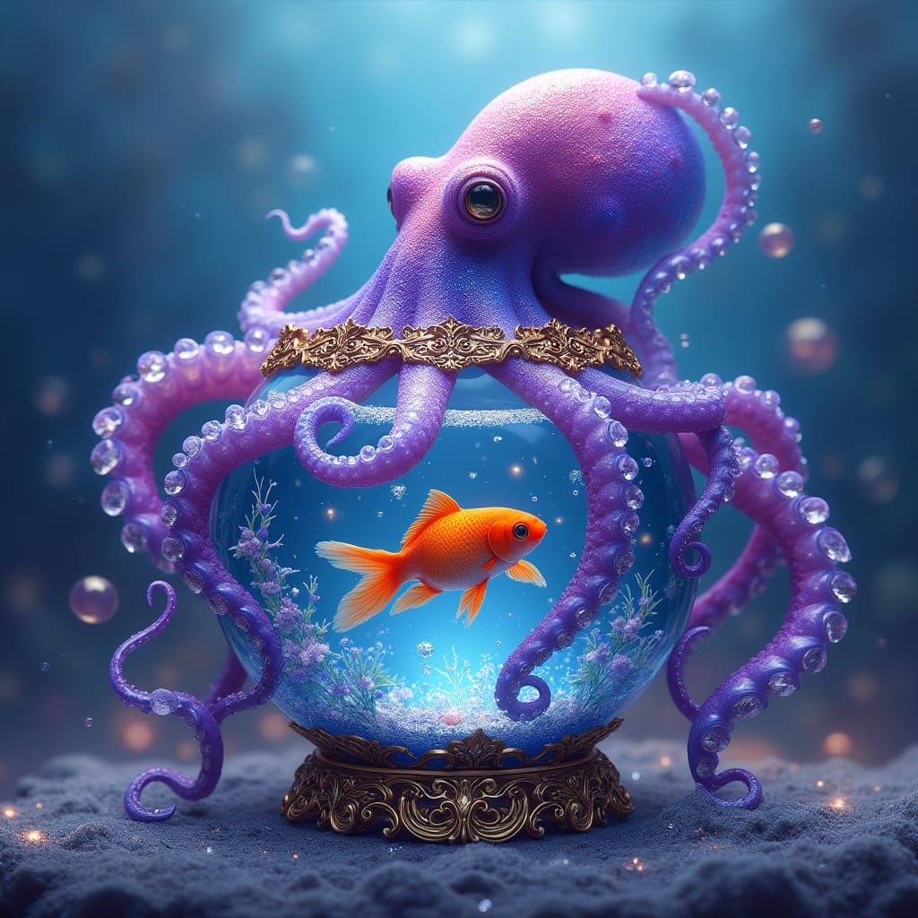 Vibrant Octopus Holds Fishbowl with Swimming Goldfish in a D...