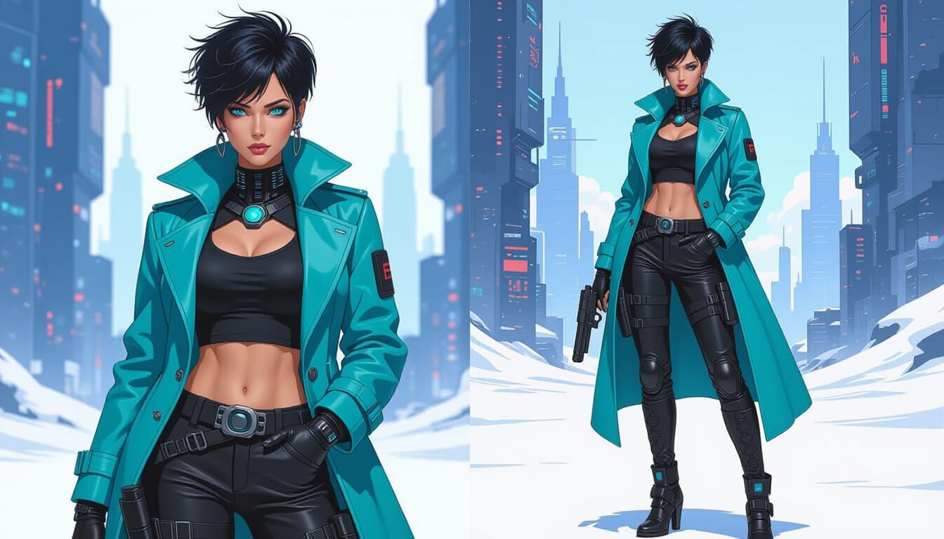 Cyberpunk Woman with Electric Blue Eyes in Neon-Lit Style