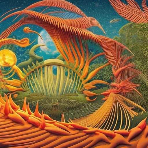 Heliconia Bed: Surreal Fairytale Art in Vivid Colors