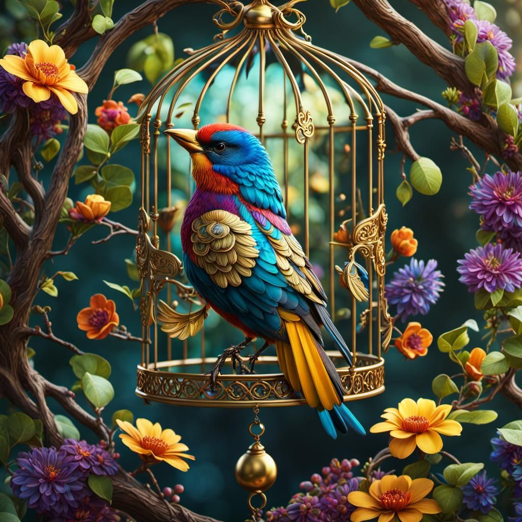 Ornate Bird in Golden Cage Fantasy Art