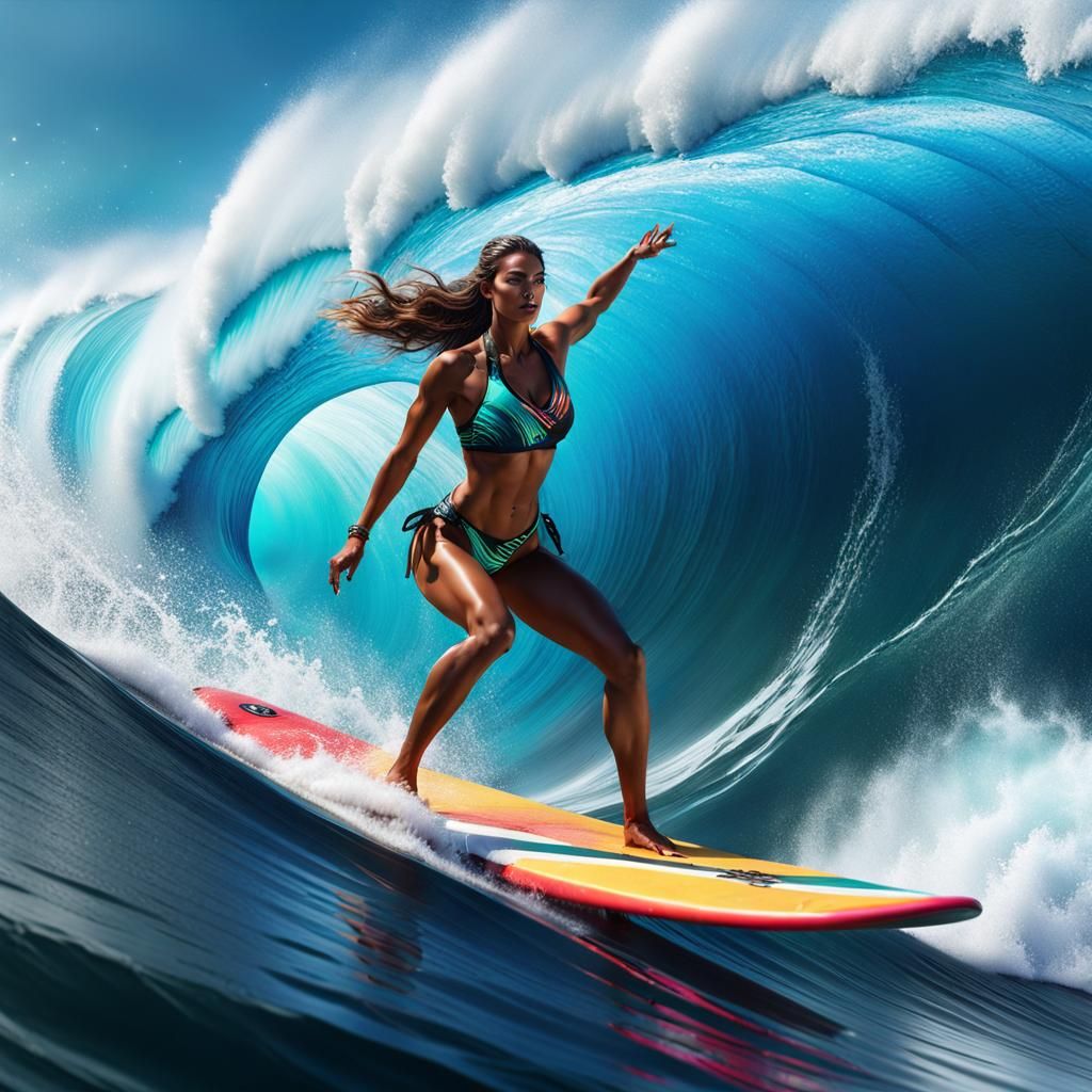 Woman Surfing a Wave: Hyperrealistic Digital Art