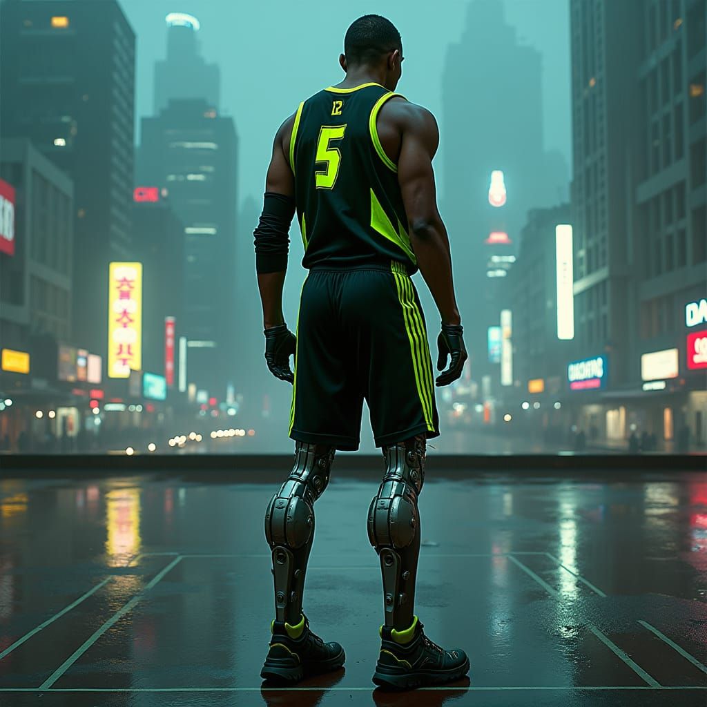 Cyberpunk Athlete with Prosthetic Limbs on Rooftop Court