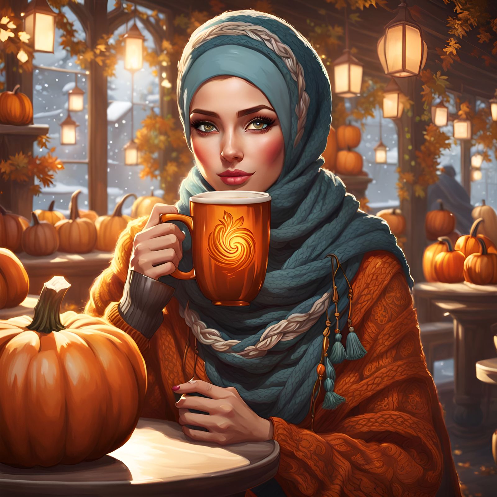 Cozy Hijabi Girl Enjoying Hot Cocoa: Digital Portrait