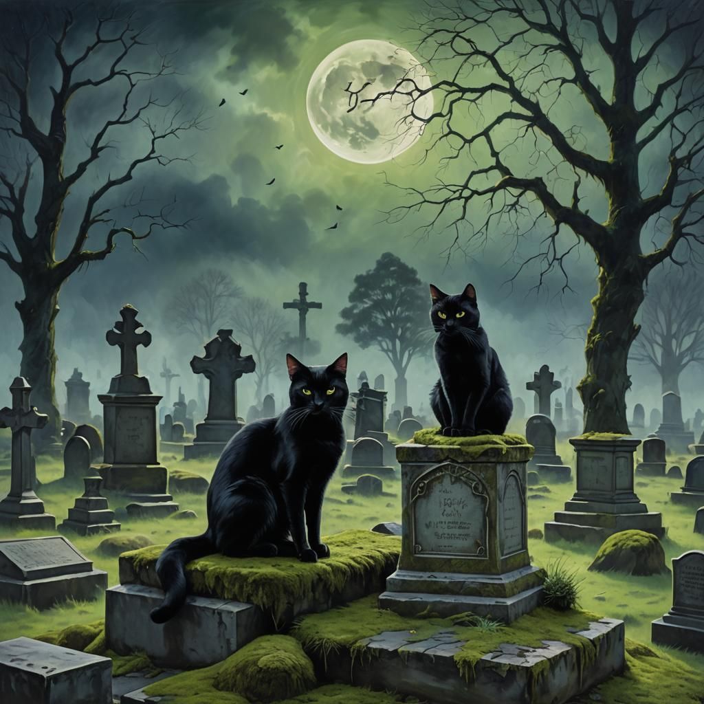 Eerie Black Cat in Gothic Cemetery Oil Painting