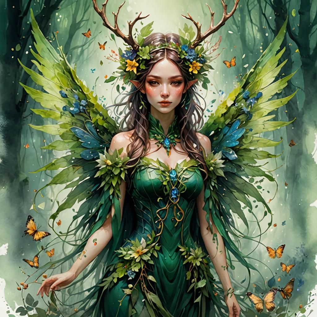 Forest Fae with Antlers and Wings in Watercolor Style