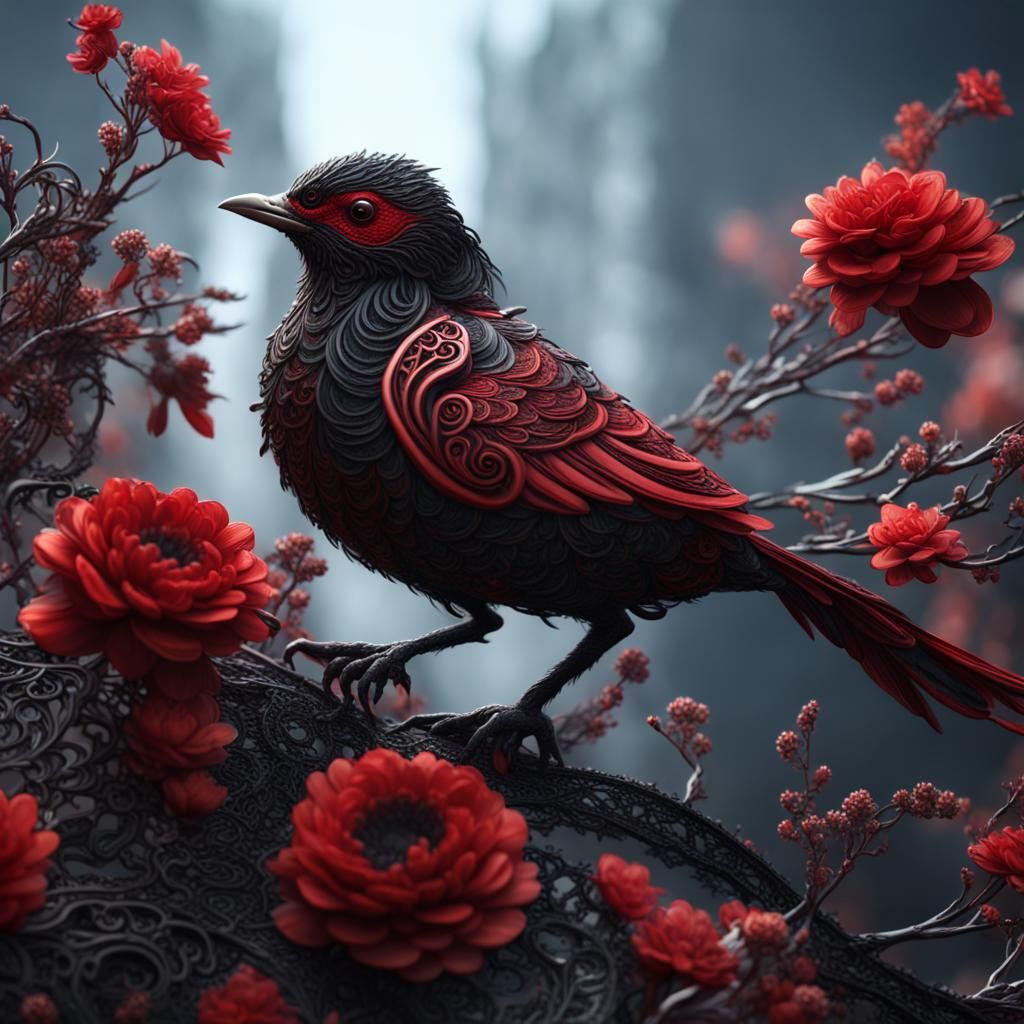 Lace Bird with Flowers in Detailed Matte Painting